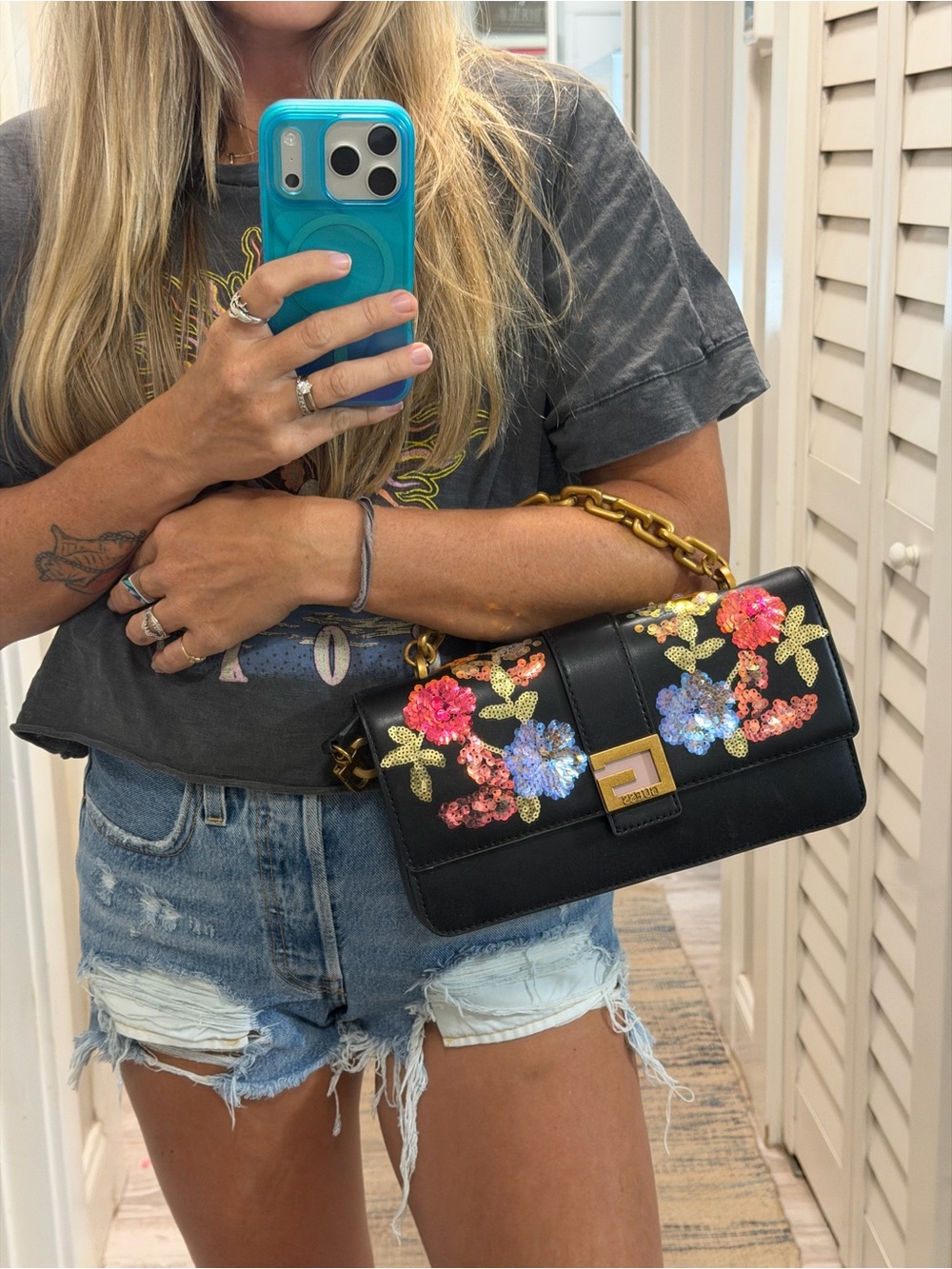 GUESS Black Shoulder Bag with Floral Sequin Embellishments